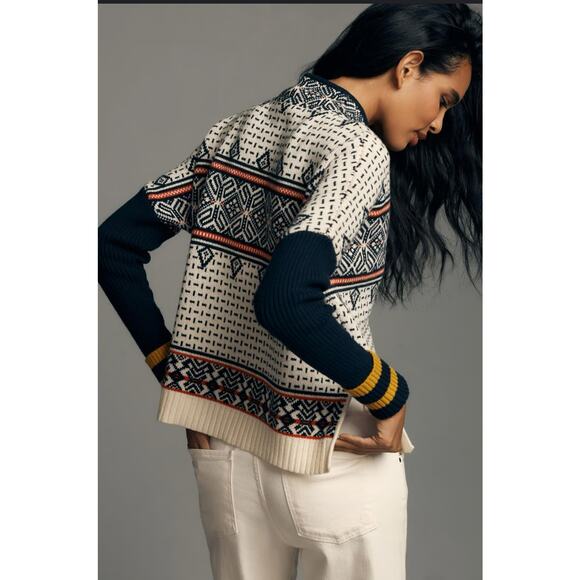 Anthropologie X Maeve Mock V Neck Patterned Knit Fair Isle Sweater Wool Cotton - Picture 2 of 7